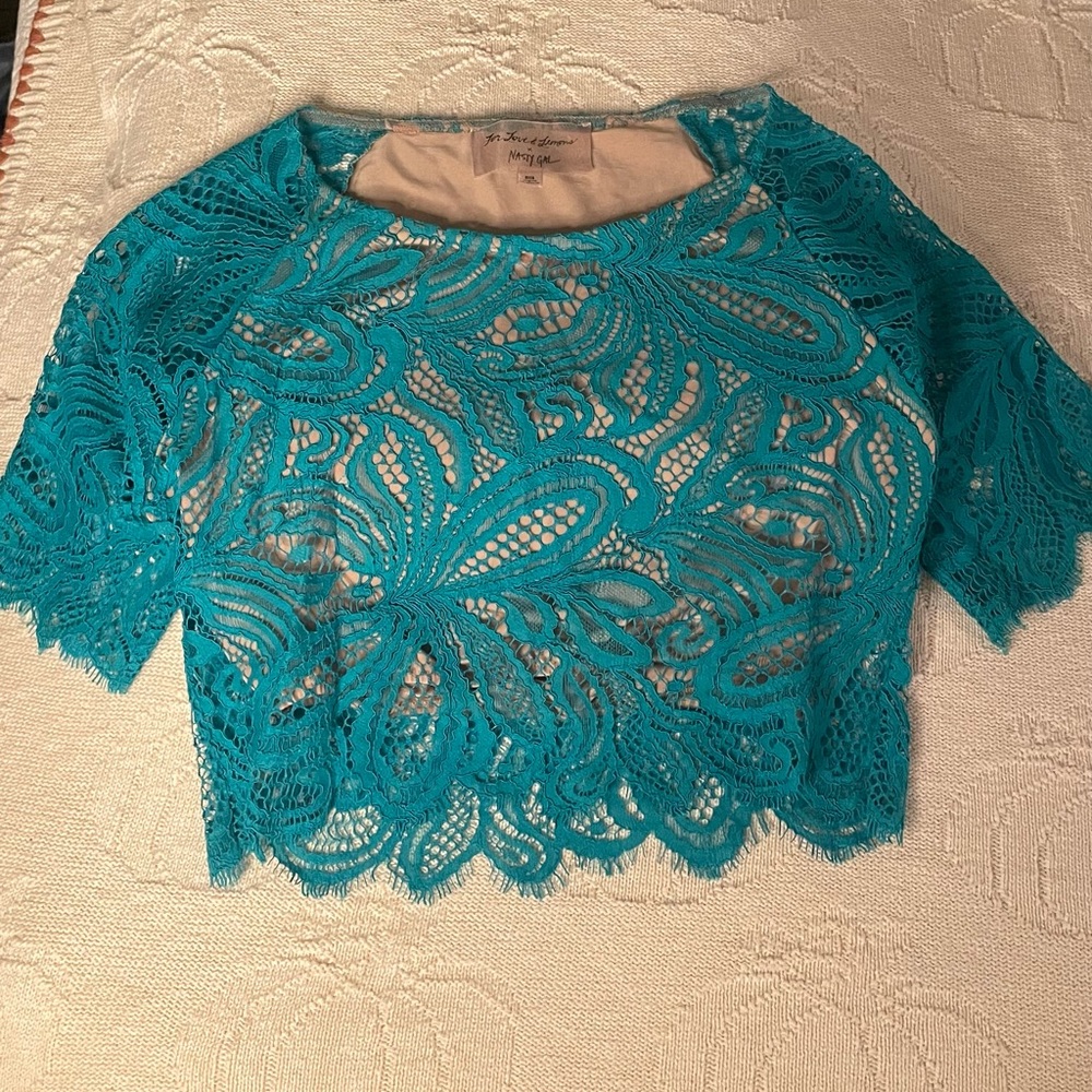 For love and lemons for Nasty gal tropical blue lace naked style mesh crop top
